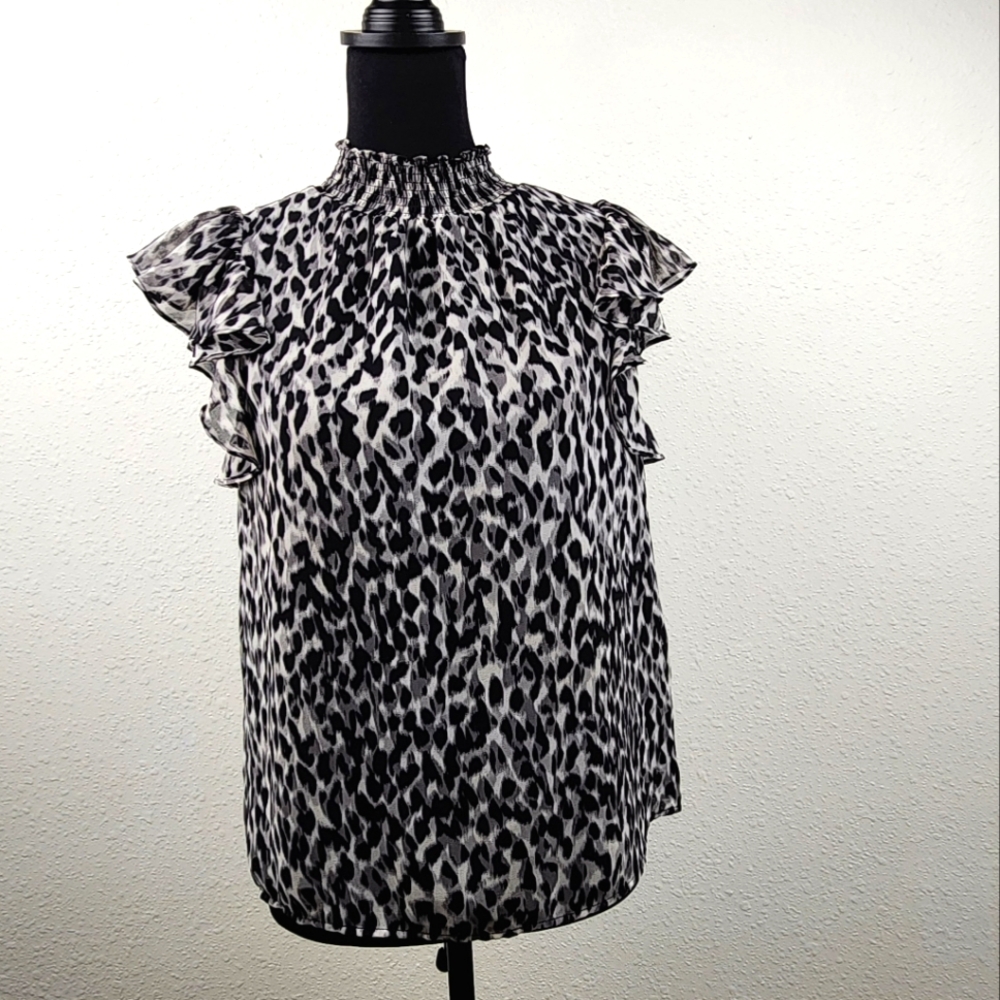 1. State Ruffle Sleeve Smocked High Neck Career Office Blouse Women's Size Small